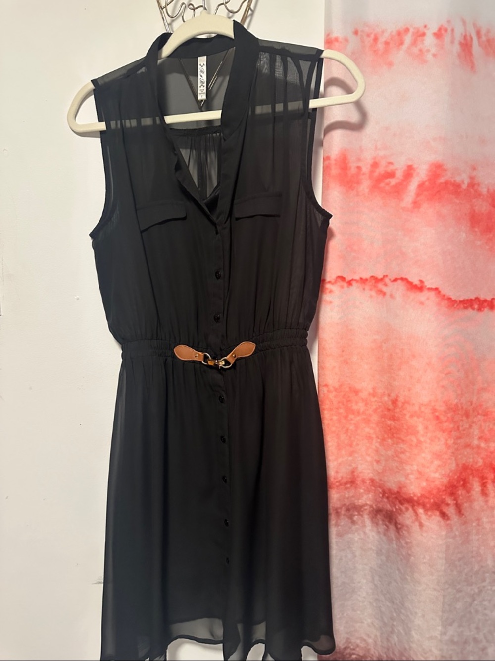 Sleeveless Black Mini Shirt Dress with Brown Accent Belt